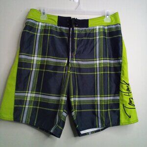 Tony Hawk Swim Trunks Men 36 Board Shorts Plaid Back Zip Pocket Green Gray